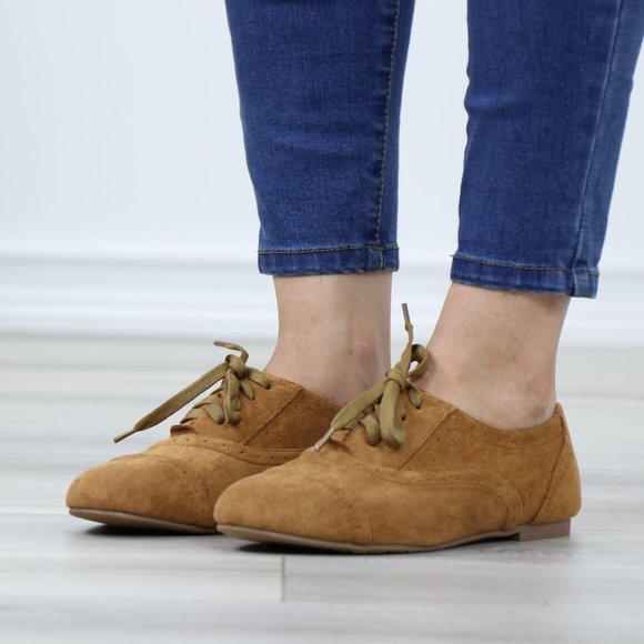 Tan Faux Suede Lace up Flat Heel Oxford Style Shoes - Picture 12 of 12